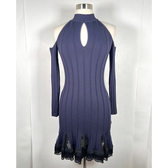 Jonathan Simkhai Keyhole Mock Neck Mini Dress XS Navy Blue Cold Shoulder Knit - Picture 8 of 8